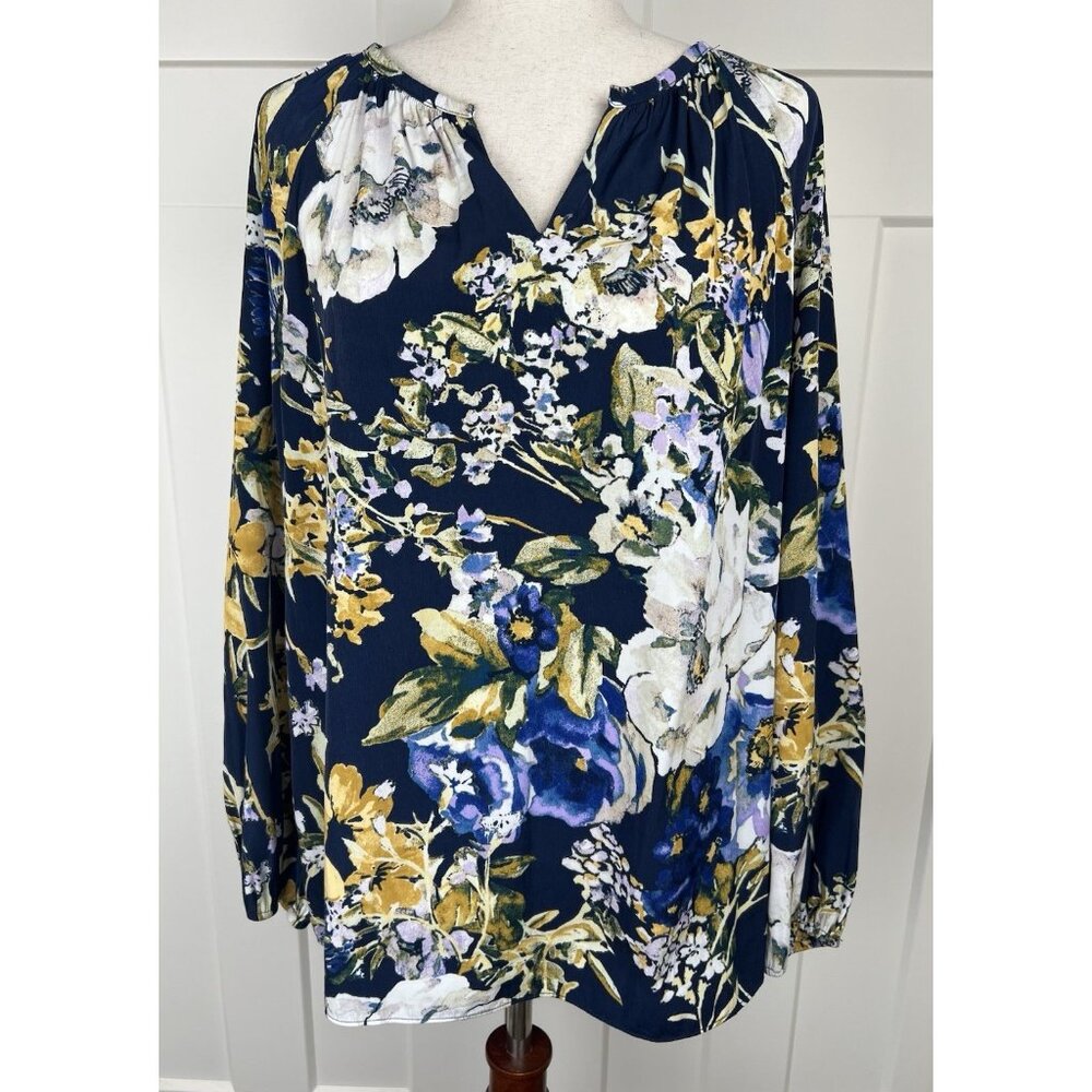 Chico’s Size 2 Navy Floral Tunic Blouse Long Sleeve Gold Blue Print Summer